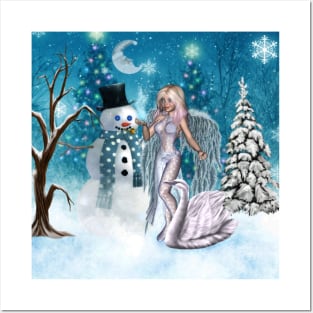 In the winter landscape, the snowman with ice fairy Posters and Art